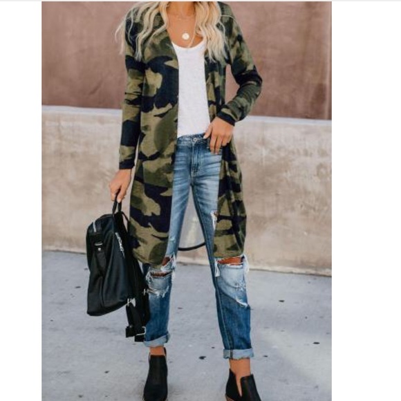 Green Camo Print Long Cardigan - Picture 3 of 6